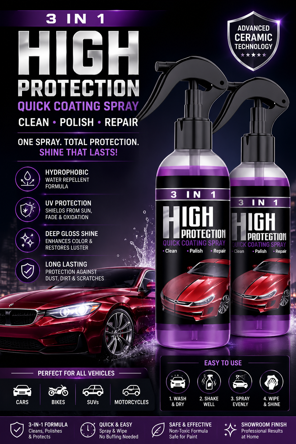 3 in 1 High Protection Quick Car Ceramic Coating Spray - Car Wax Polish Spray (Pack of 1)